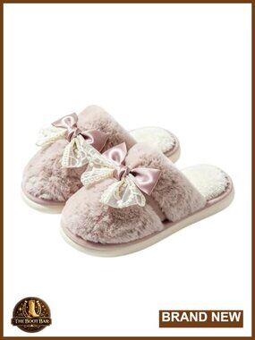 Women's Fluffy Faux Fur Memory Foam Bow Slippers Cozy Home Shoes